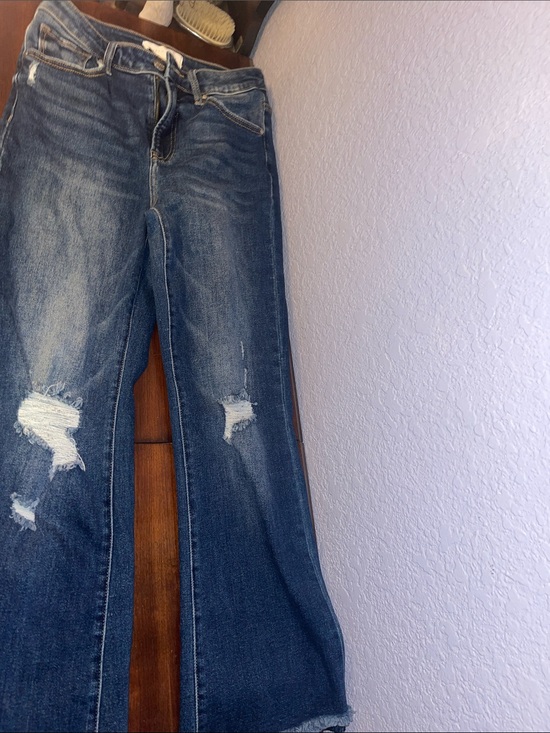 Risen Jeans Denim - Dark Blue Distressed Wide-Leg Jeans
